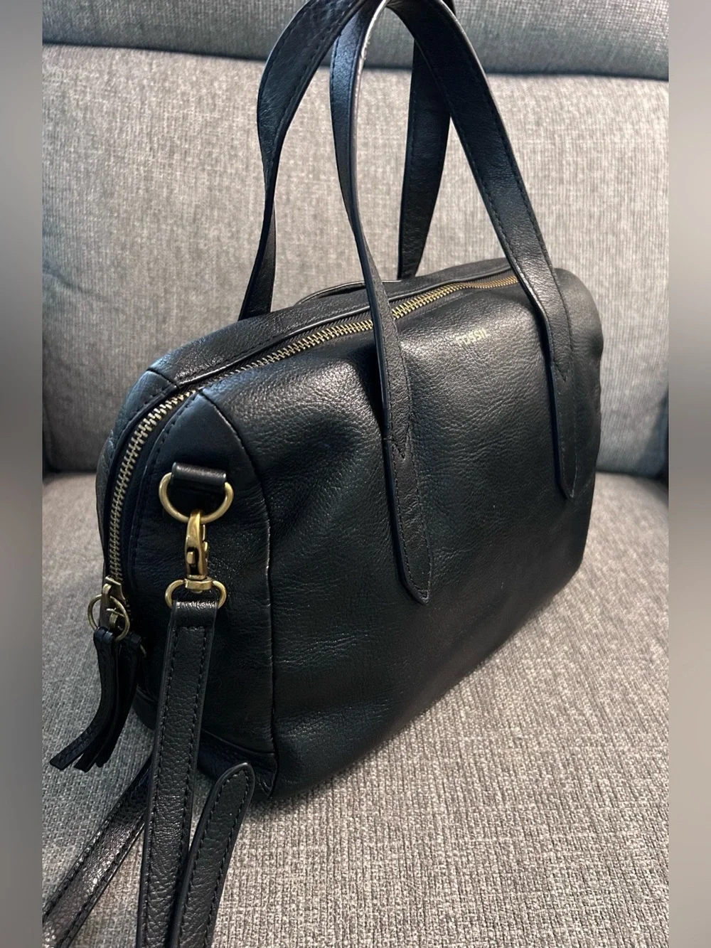 Fossil Sydney Black Leather Satchel Bag with Crossbody Strap & gold hardware